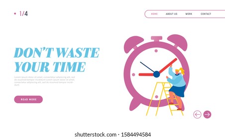 Deadline Stress and Time Management Website Landing Page. Business Woman Stand on Ladder Moving Arrows at Huge Alarm Clock Dial in Office Workplace Web Page Banner. Cartoon Flat Vector Illustration
