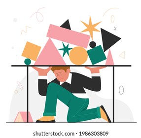 Deadline stress work problems, job burnout concept vector illustration. Cartoon unhappy office worker man character hiding under table from geometric shapes as symbol of difficult business tasks