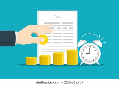 Deadline for tax payment concept, Business human hand hold coin with tax documents, Digital marketing illustration.