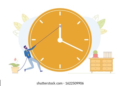 Deadline Terms, Time Management Strategy, Work Difficulties Flat Vector Concept. Businessman, Male Entrepreneur, Company Employee Trying to Stop Time, Pulling Rope Attached to Clock Illustration