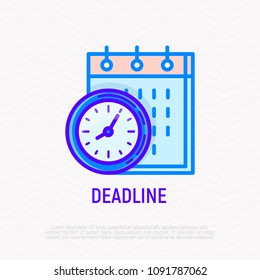 Deadline thin line icon: clock and calendar. Modern vector illustration.