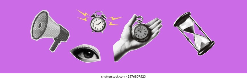 deadline time concept template set with megaphone hand holding stopwatch hourglass eye halftone dotted collage element for mixed media design vintage dotted pop art style grunge punk crazy