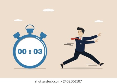 Deadline time, time countdown or time management concept, business people running fast because they are running out of working time on a stopwatch.