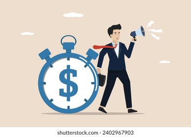 Deadline-Zeit, Disziplin, Zeitabstand oder Zeitmanagement-Konzept, Geschäftsmann kündigt Arbeitsfrist mit Dollar-Zeichen.