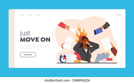 Deadline and Time Lack Landing Page Template. Overloaded Business Woman Holding Burning Head Sitting at Workplace with Messy Documents Heap Loaded with Hard Work in Office. Cartoon Vector Illustration