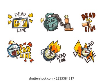 Deadline and Time Limit Labels with Burning Clock, Leg with Chain and Heavy Kettlebell and Lightning Vector Set