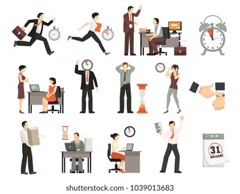 Deadline time limit set with isolated office icons and human characters of office workers in rush vector illustration