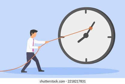 deadline, time management, time is almost runs out concept. a businessman pulling rope which is tied to clock's arrow trying to set back the time