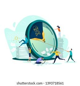 Deadline and time management business concept vector. Large watches and hurried workers pulling clock hand using rope, trying to stop or slow down time, fast teamwork flat illustration