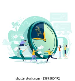 Deadline and time management business concept vector. Large watches and hurried workers pulling clock hand using rope, trying to stop or slow down time, fast teamwork flat illustration