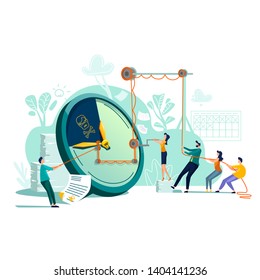 Deadline time management business concept vector. Large watches and hurried workers pulling clock hand using rope pulley or block system, trying to stop or slow down time, teamwork flat illustration