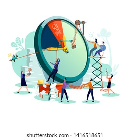 Deadline and time management business concept vector. Large watches and hurried workers pulling clock hand using rope pulley or block system, trying stop or slow down time, teamwork flat illustration