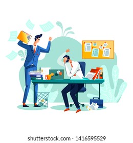 Deadline and time management business concept vector. Tired of stress worker who did not complete the task at time, isitting at his desk and covering face with hand, and angry boss screaming at him