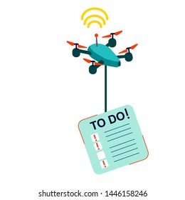 Deadline And Time Management Business Concept Vector. Flying Quadcopter Or Quadrotor Helicopter Carries Urgent Task Card With Exclamation Point, Cartoon Illustration