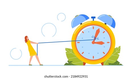 Deadline, Time Management Business Concept with Tiny Office Woman Pull Arrows of Huge Alarm Clock, Female Character Rushing To Work Trying To Stop or Back Time. Cartoon People Vector Illustration