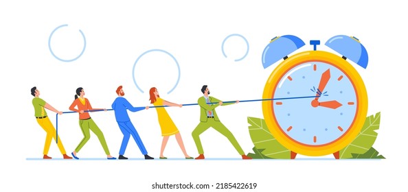 Deadline, Time Management Business Concept. Tiny Hurried Workers Pull Clock Arrows on Huge Watches Using Rope, Characters Teamwork, Trying To Stop Or Slow Down Time. Cartoon People Vector Illustration