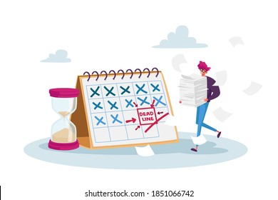 Deadline, Time Management in Business. Tiny Stressed Businessman Character with Documents Pile at Huge Calendar Make Paperwork. Schedule, Affairs for Month, Work Planning. Cartoon Vector Illustration