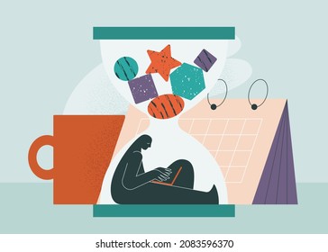 Deadline, time management concept. Busy man working overtime inside an hourglass. Urgent project tasks, countdown, work pressure. Workaholic character. Isolated vector illustration