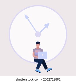 Deadline, Zeitmanagement Konzept. Der Charakter sitzt auf einer großen Uhr. Vektorgrafik im Flachstil