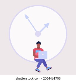 Deadline, Zeitmanagement Konzept. Der Charakter sitzt auf einer großen Uhr. Vektorgrafik im Flachstil
