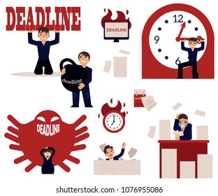 Deadline and time management concept elements set with overworked stressed businessman surrounded by piles of documents, clocks and burnout symbols. Isolated flat cartoon vector illustration