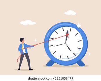 Deadline or time management concept. Running out of time. Sad or stressed man or employee or office worker pushing minute hand of broken clock towards anti clockwise. Vector character illustration.