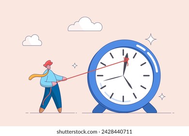 Plazo o concepto de gestión del tiempo. Se está quedando sin tiempo. Triste o estresado hombre o empleado o trabajador de oficina empujando minuto mano de reloj roto hacia el sentido contrario a las agujas del reloj. Ilustración de carácter vectorial.