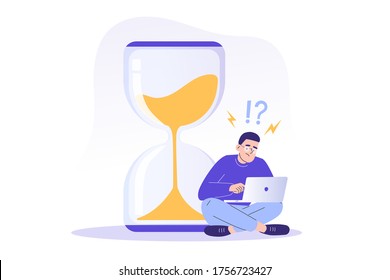 Deadline and time management concept. Young freelancer man sitting near a big sand watch and trying to finish project on time. Task management and productivity. Isolated vector illustration