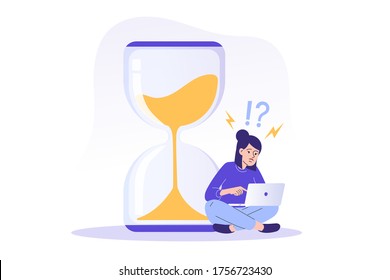 Deadline and time management concept. Young freelancer woman sitting near a big sand watch and trying to finish project on time. Task management and productivity. Isolated vector illustration