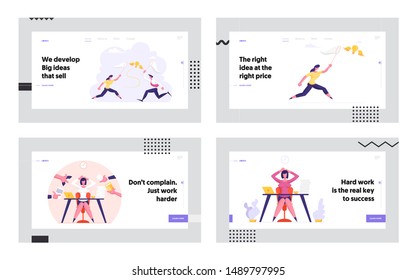 Deadline Time Management Creative Idea Research Website Landing Page Set. Business Woman Loaded with Hard Work in Office, People Catching Light Bulb Web Page Banner. Cartoon Flat Vector Illustration