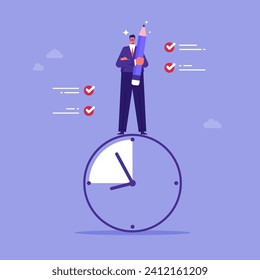 Deadline or time management on the road to success concept, time organization efficiency, schedule job project, good business process, businessman standing on the clock