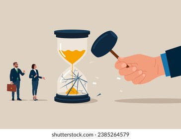 Deadline or time management. Smashes hourglass using sledgehammer. Vector illustration