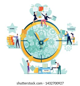 Deadline, time management, teamwork and business mechanisms concept vector. Large watches with gears and workers with task cards from to do to done. Hidden mechanisms and gears of business processes