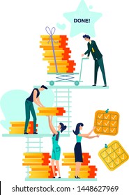 Deadline, time management and teamwork business vector. Company workers,men and women hold in hand to do task card or schedule, carrying them on push cart and put in section Done, isolated on white
