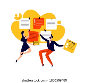 Deadline, time management and teamwork business concept vector. Company workers with to do task cards, effective planning