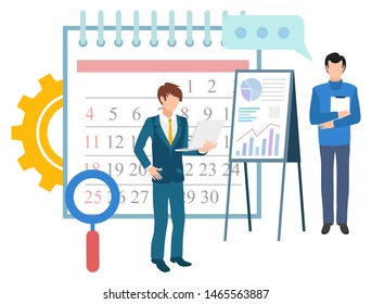 Deadline and time management vector, business organization of work. Calendar with dates, magnifying glass and whiteboard with charts and data visual. Flat cartoon