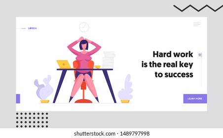 Deadline and Time Management Website Landing Page. Business Woman Holding Head Sitting at Workplace with Documents Heap Loaded with Hard Work in Office Web Page Banner Cartoon Flat Vector Illustration