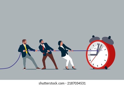 Deadline, Time Management. Workers Pull Clock Arrows on Huge Watches Using Rope, Characters Teamwork, Trying To Stop Or Slow Down Time.