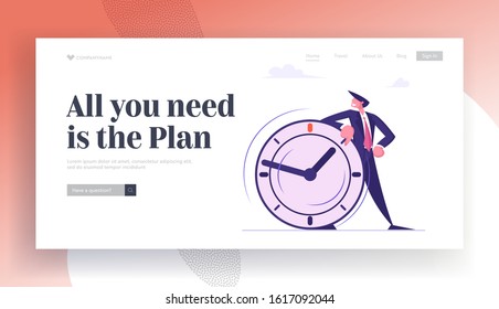 Deadline, Time Management in Working Process and Procrastination Website Landing Page. Businessman Leaning on Huge Clock. Business Planning, Strategy Web Page Banner. Cartoon Flat Vector Illustration