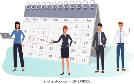 Deadline and time management.People assign tasks with a dedicated deadline to the calendar.People in the background of a large calendar.Flat vector illustration isolated on a white background.