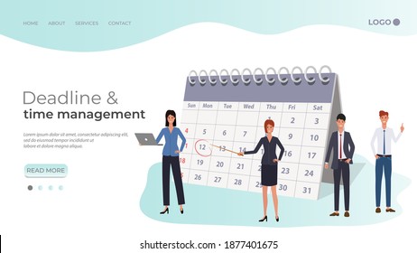 Deadline and time management.People assign tasks with a dedicated deadline in the calendar.People in the background of a large calendar.The template of the landing page.