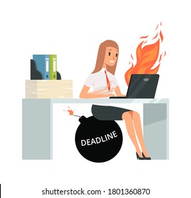 Hora límite. Administrador de Office escribiendo en el equipo. Mala gestión, la niña no tiene tiempo para pasar la ilustración vectorial del trabajo