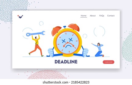 Deadline, Time is Over Landing Page Template. Office Man and Woman with Wrench Repair Huge Clock.. Tiny Male and Female Characters Trying to Fix Broken Alarm Clock. Cartoon People Vector Illustration