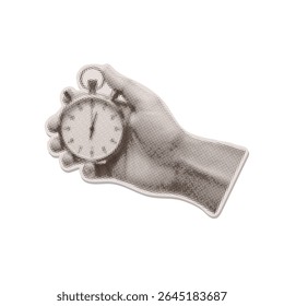 Deadline time paper sticker with hand holding stopwatch in halftone dotted collage style. Torn out clipping element for mixed media design vintage dotted pop art style. Grungy vector design.