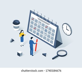 Deadline, time planning isometric concept. Time to work. Time management project plan schedule. Trendy flat 3d isometric style. Vector illustration.