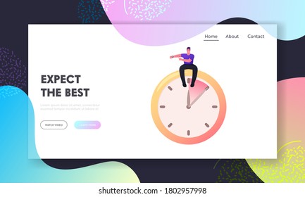 Deadline, Time as Valuable Life Resource Landing Page Template. Character Sit at Huge Alarm Clock Pointing on Wrist Watches. Time Management, Scheduling Work, Meet Up. Cartoon Vector Illustration