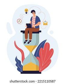Deadline time. Work on sand clock with laptop, hourglass and business man, workaholic with computer, productivity employee character. Vector cartoon flat illustration deadline concept