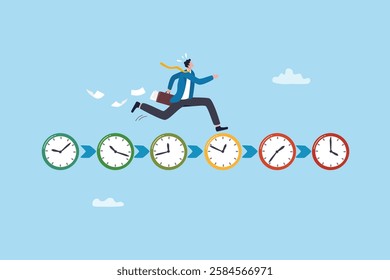 Deadline urgency, timer clock countdown, pressure to finish work within time limit, due date or timing to complete responsibility concept, businessman hurry running on time counting down deadline.