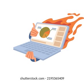 Deadline urgent business project or task, isolated laptop with diagram and report in fire. Burning monitor, problems and troubles at work. Vector in flat style