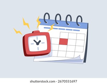 Deadline vector concept, alarm clock and calendar for time management. Reminders, scheduling apps, for productivity tools. planning efficiency, notification, and daily organization
